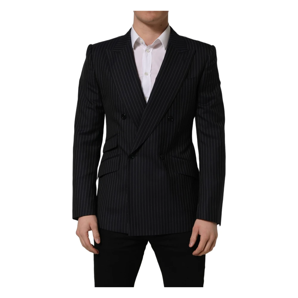 Dolce & Gabbana , Blazers, Male, Black, L, Striped Wool Double-Breasted Jacket