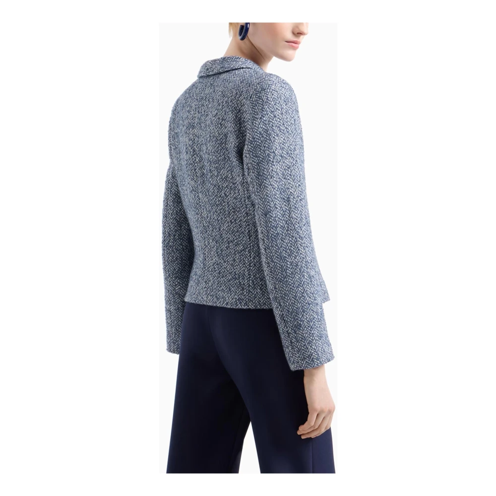 Emporio Armani Blauwe Tweed Jacquard Chevron Jas Blue Dames