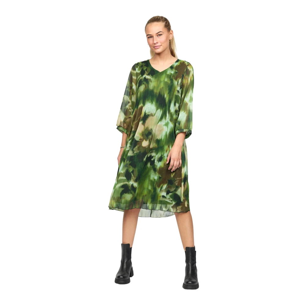 2-Biz Groene Bloemenjurk met ¾ Mouwen Green Dames