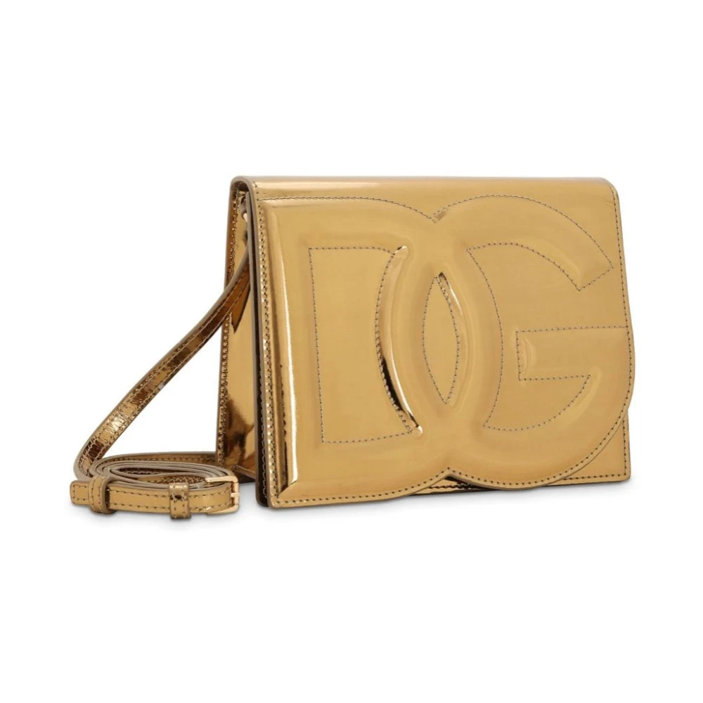 Dolce & Gabbana Metallic Logo-Embossed Golden Schoudertas Beige Dames