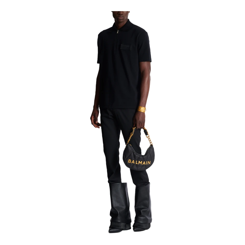 Balmain Katoenen poloshirt met leren Couture-label Black Heren