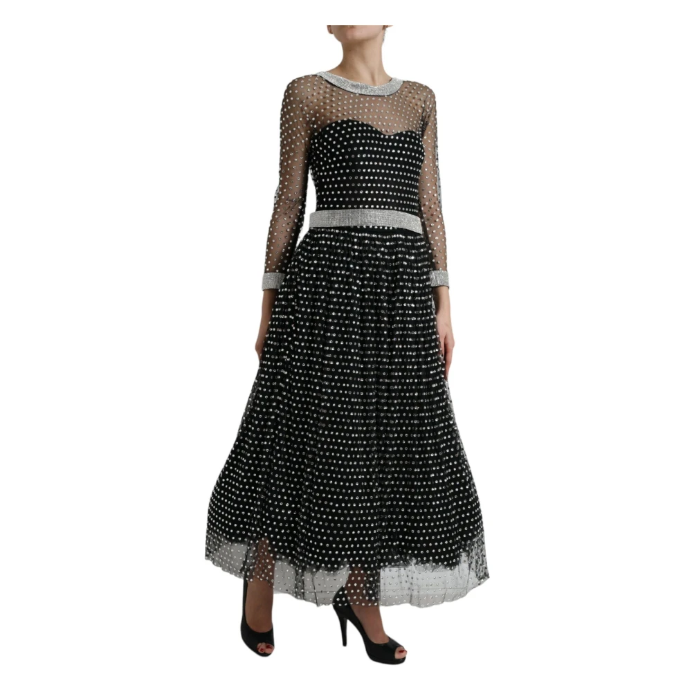Dolce & Gabbana Elegante Zwarte Kristalversierde Lange Jurk Black Dames