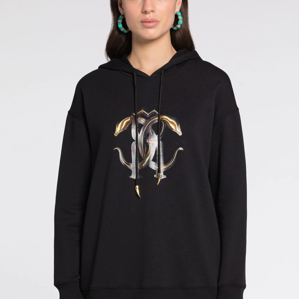Roberto Cavalli Tiger Tooth Logo Katoenen Hoodie Black Dames