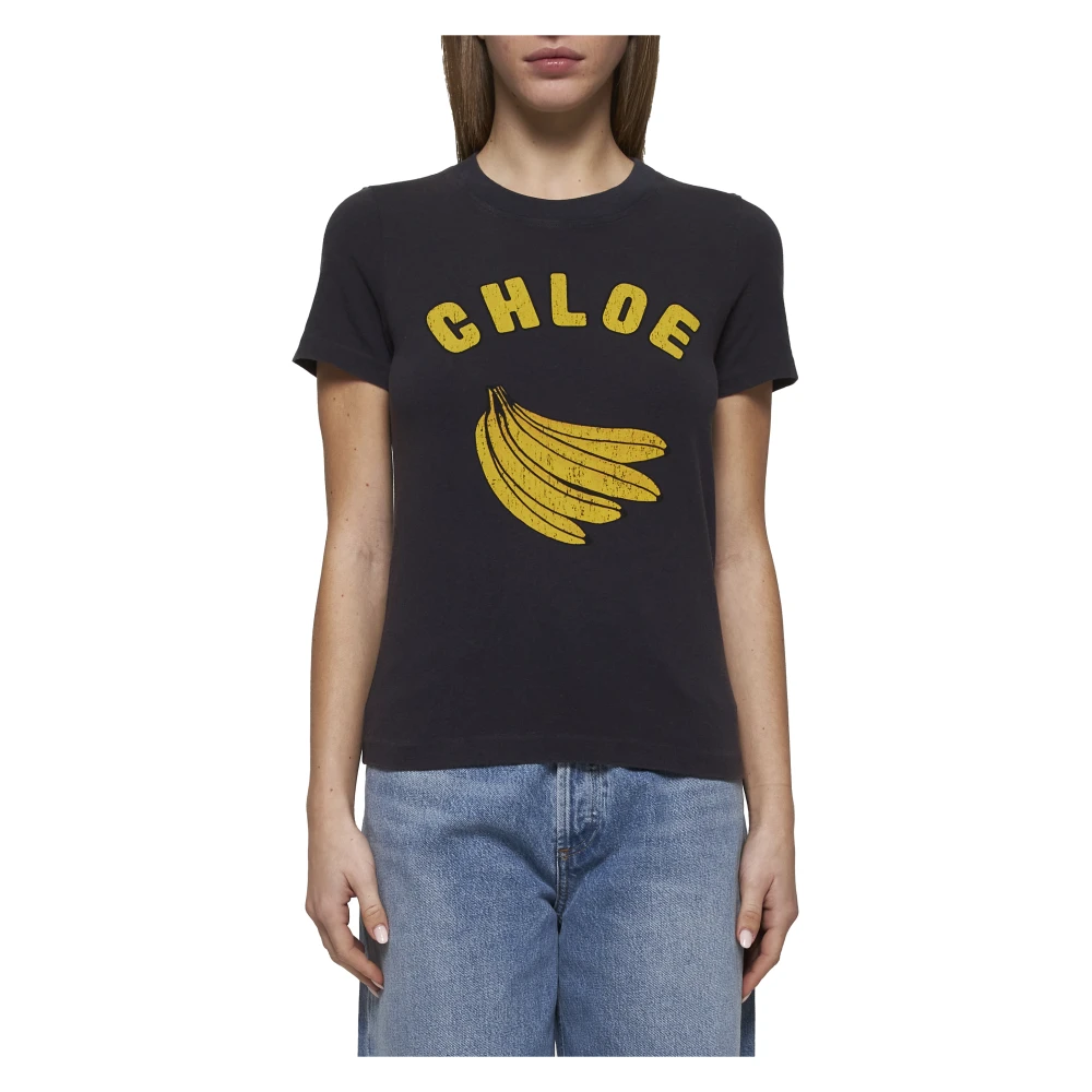 Chloé Banana Logo Print Blauw T-shirt Blue Dames
