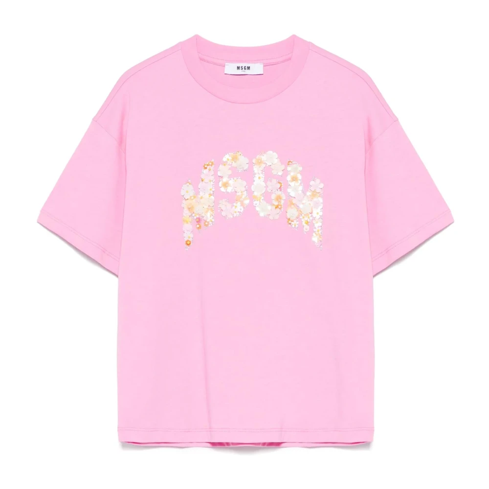Msgm Women's Pink T-Shirt With Round Neck And Short Sleeves
