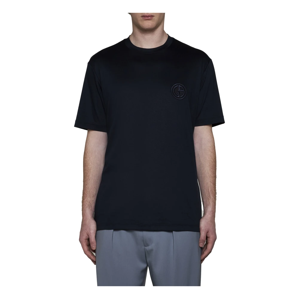 Giorgio Armani Blauwe Katoenen Logo Geborduurde T-shirts Blue Heren