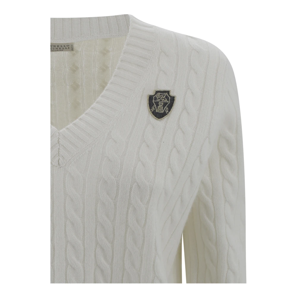 BRUNELLO CUCINELLI Kasjmier V-hals trui met applicatie White Dames