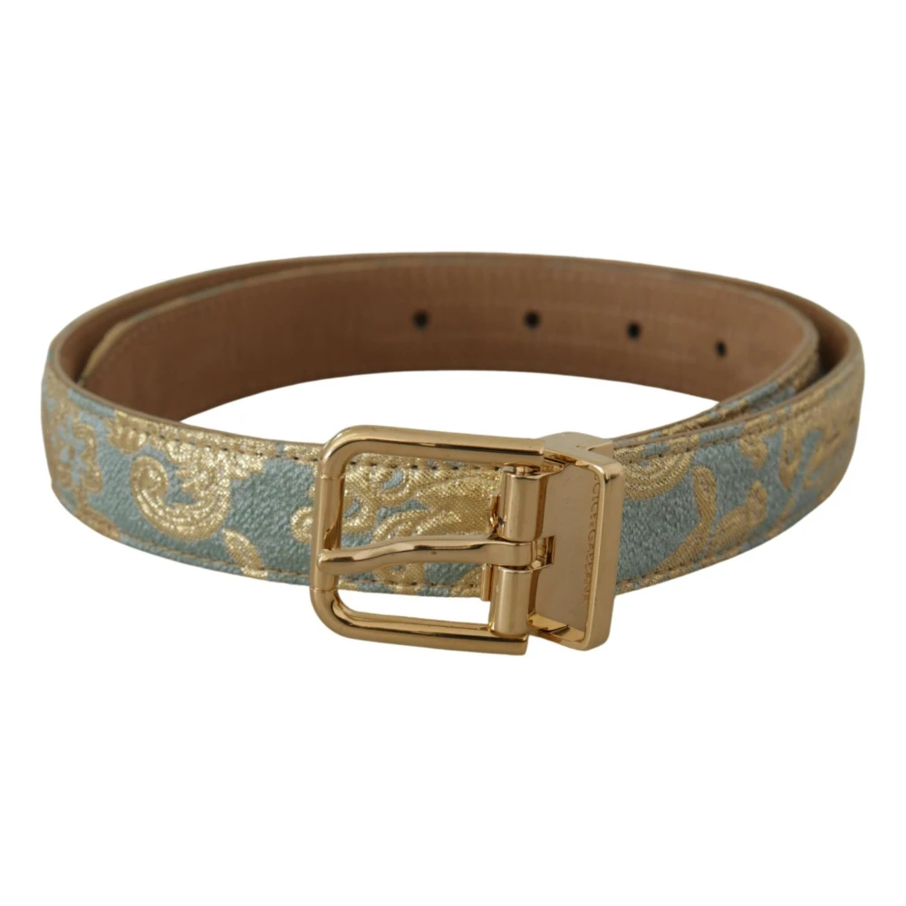 Dolce & Gabbana Women's Blue/Gold Leather Jacquard Embossed Metal Buckle Belt