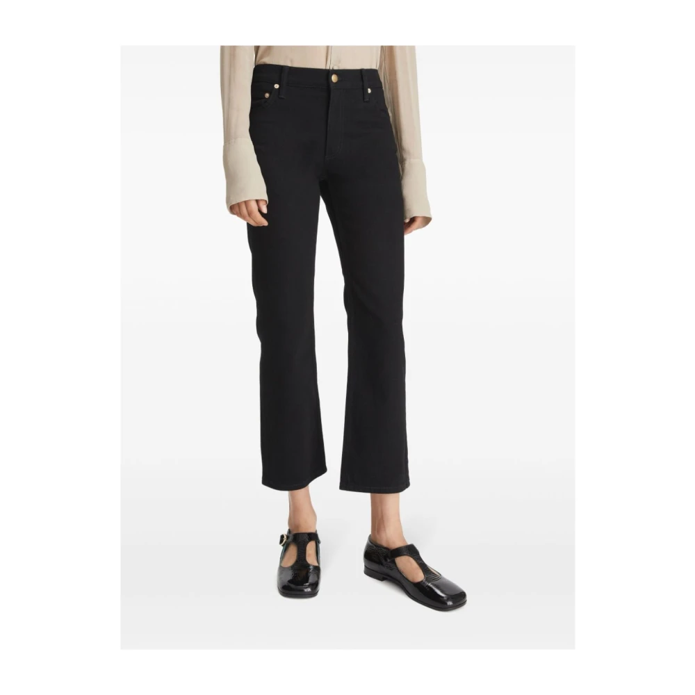 TORY BURCH Zwarte Denim Korte Broek Geborduurd Logo Black Dames