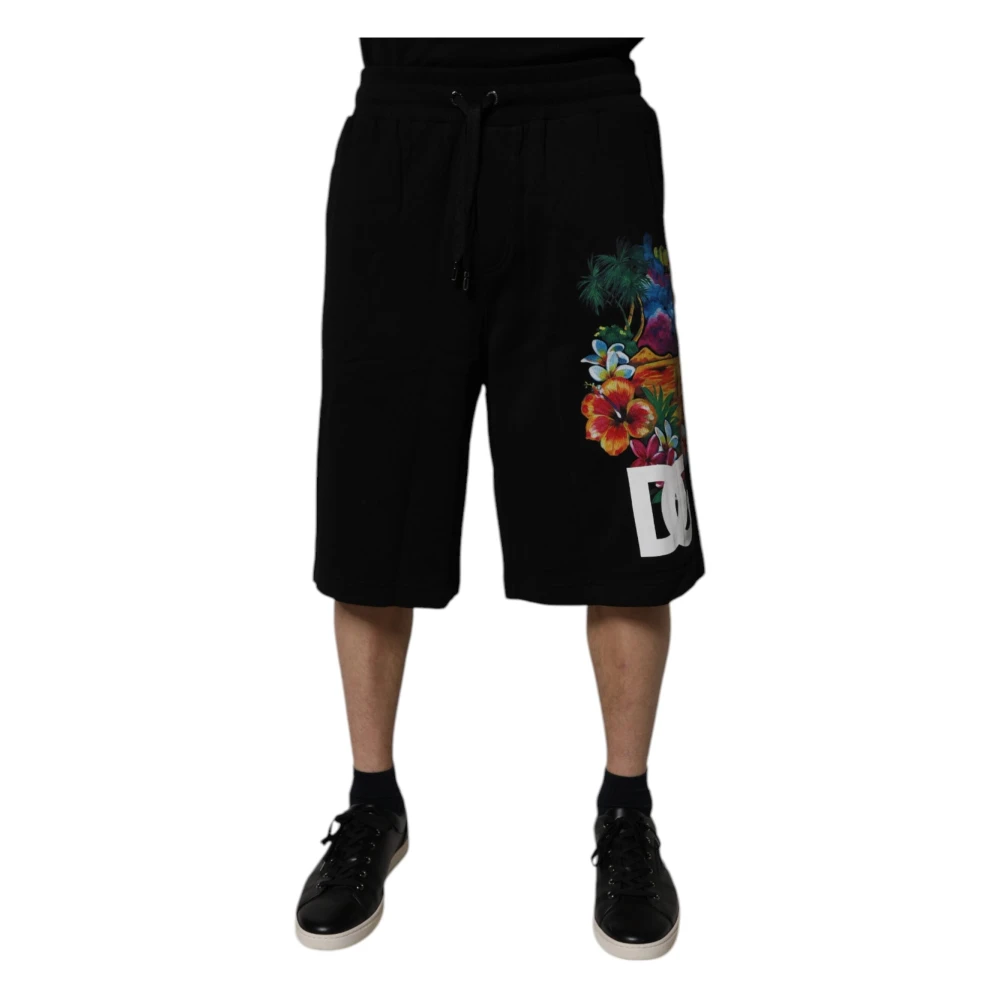 Dolce & Gabbana Men's Black Bermudas, L, Logo Floral Print Bermuda Shorts