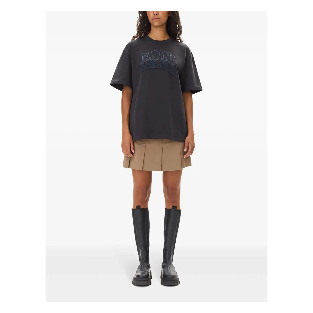 Ganni T-shirt met Geborduurd Logo en Franje Black Dames