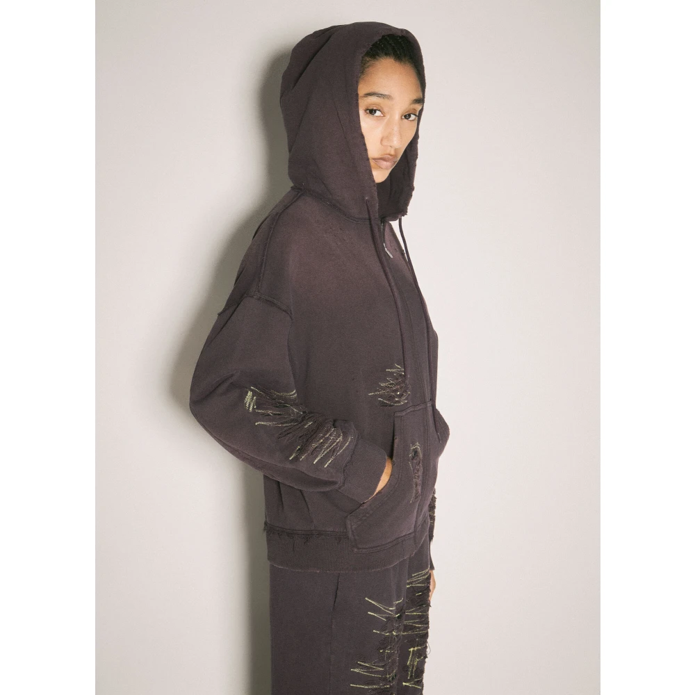 MM6 Maison Margiela Distressed Hooded Zip-Up Sweatshirt Purple Dames