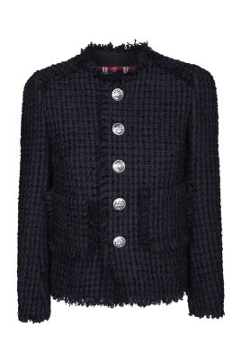Blå Houndstooth Jacka Stilfull Knäppning
