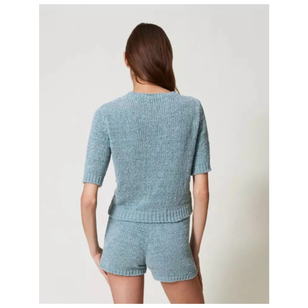 Twinset Katoenen Gebreide Shorts met Geribbelde Afwerking Blue Dames