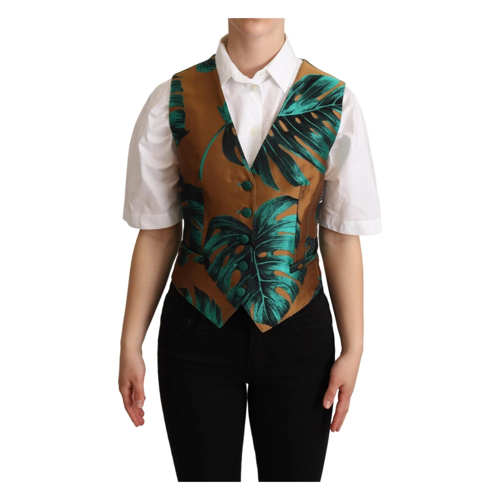 Dolce & Gabbana Women's Multicolor Waistcoats, S, Elegant Green Leaf Print Waistcoat