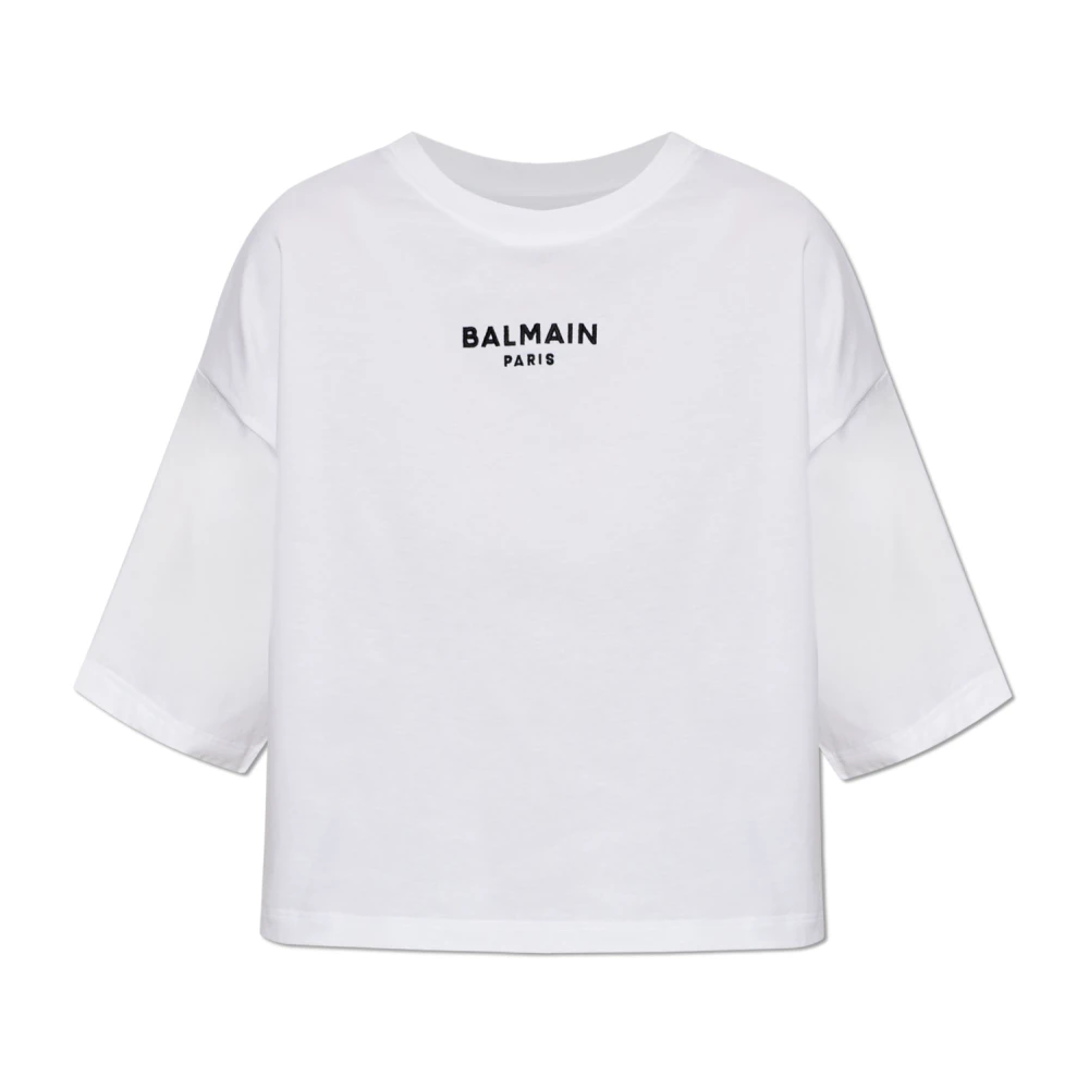Balmain White Cropped T-Shirt With Embroidered Logo - Female - T-Shirts - M - Tops