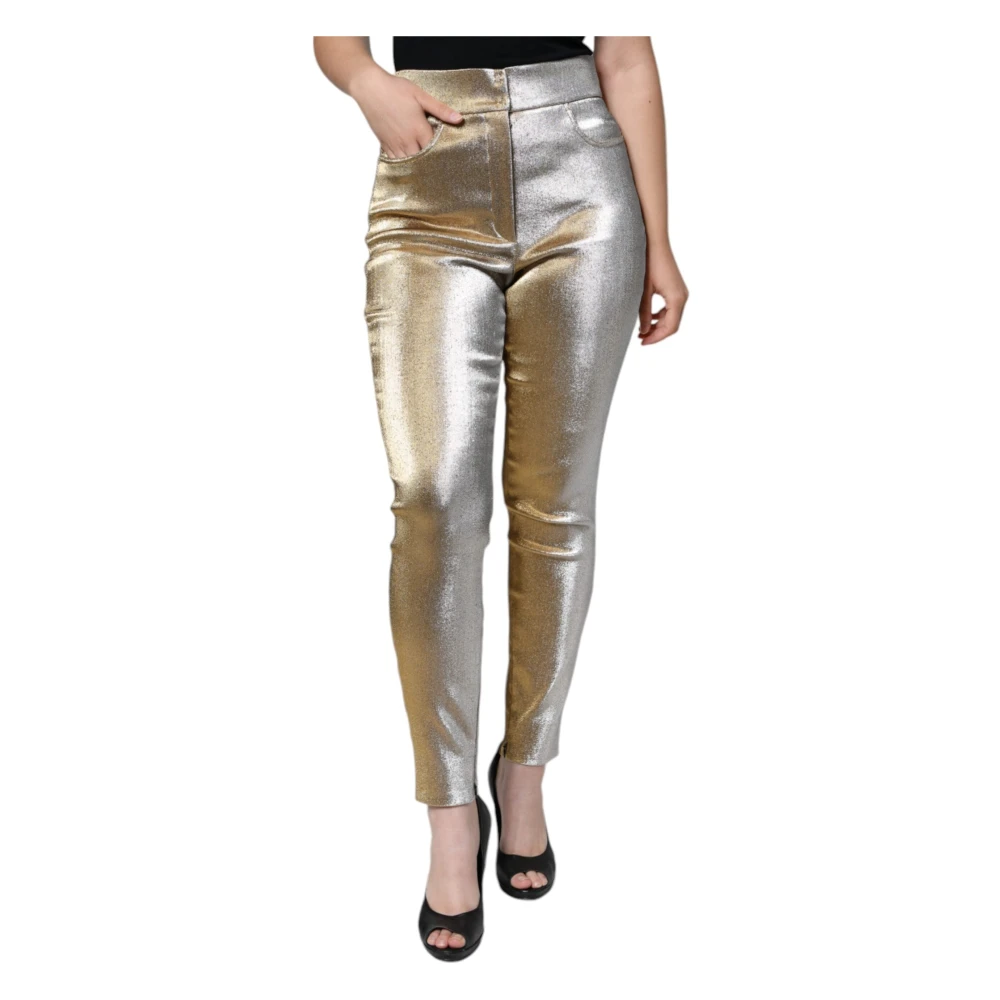 Dolce & Gabbana Women's Yellow Skinny Trousers, L, Gold High-Waisted Skinny Trousers