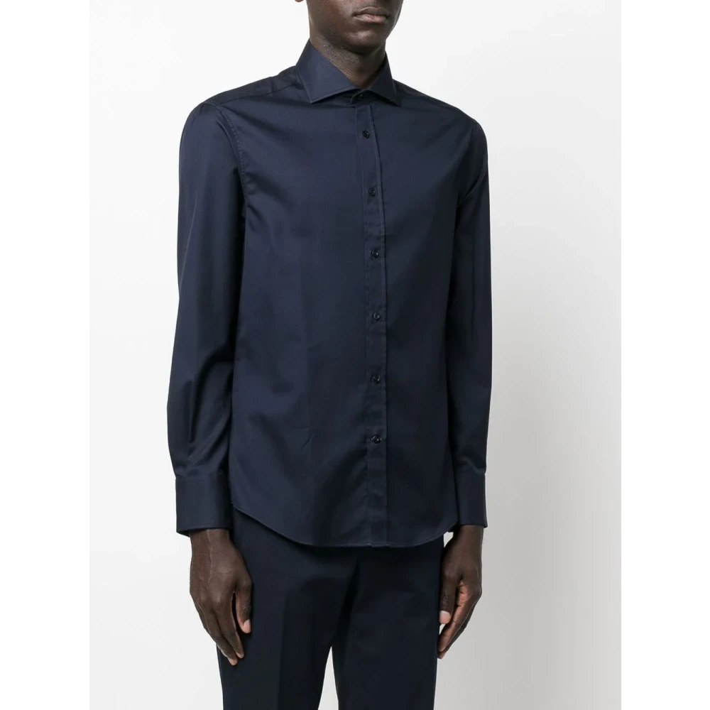 BRUNELLO CUCINELLI Navy Katoenen Overhemd Italiaanse Kraag Blue Heren