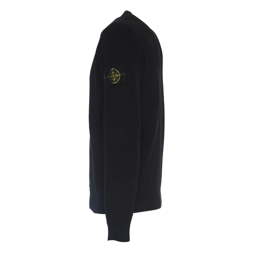 Stone Island Zwarte Geribbelde Crew Neck Sweater Black Heren
