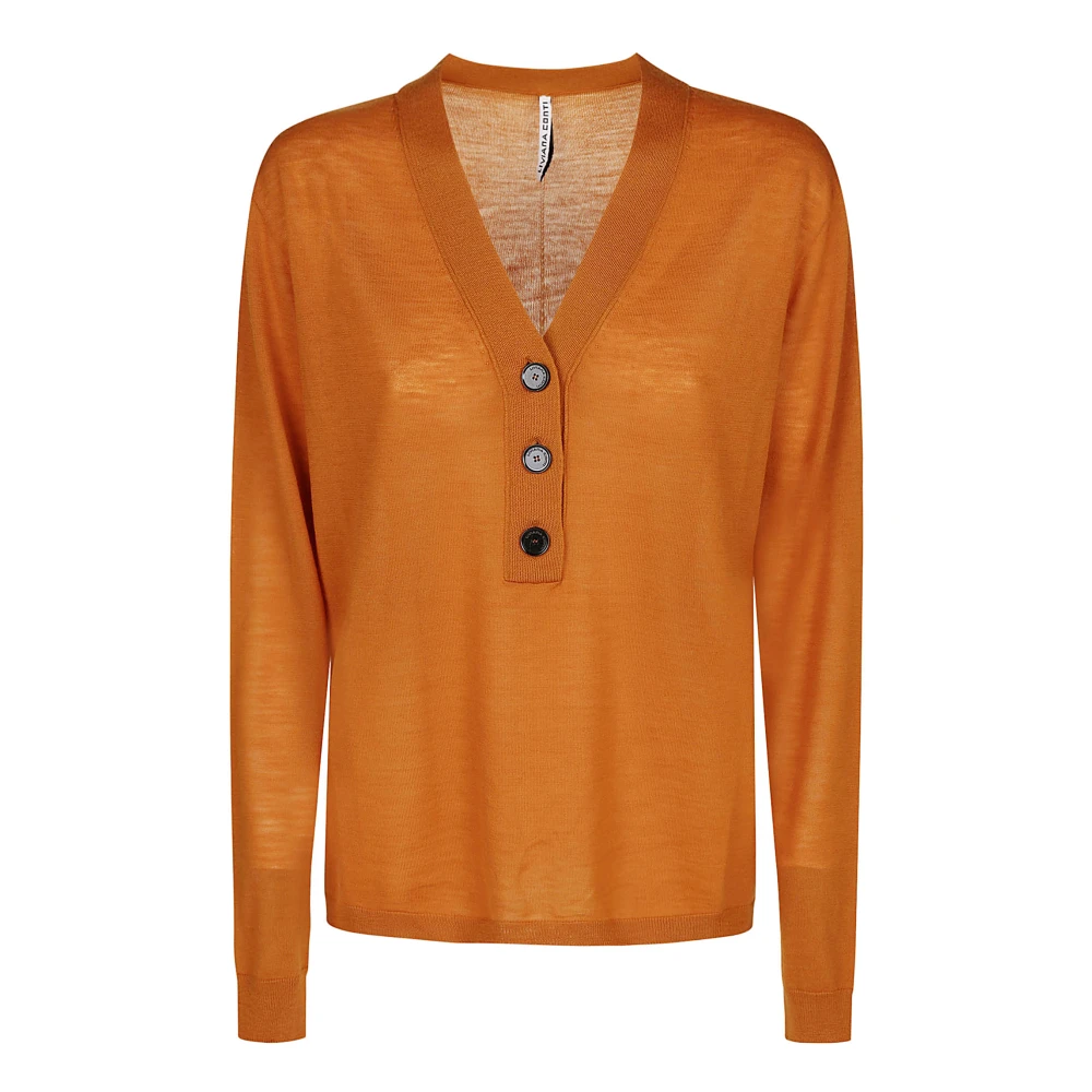 Liviana Conti Wollen V-hals Trui met Knopen Orange Dames