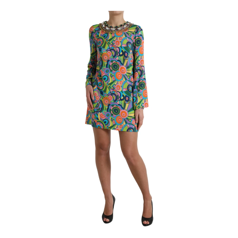 Dolce & Gabbana Geometrische Zijden Mini Jurk met Kristalversieringen Multicolor Dames