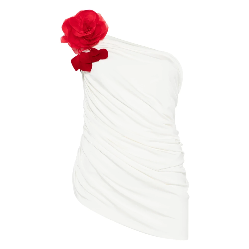 Magda Butrym Witte Gedrapeerde One-Shoulder Shirt met Rode Rozenversiering White Dames