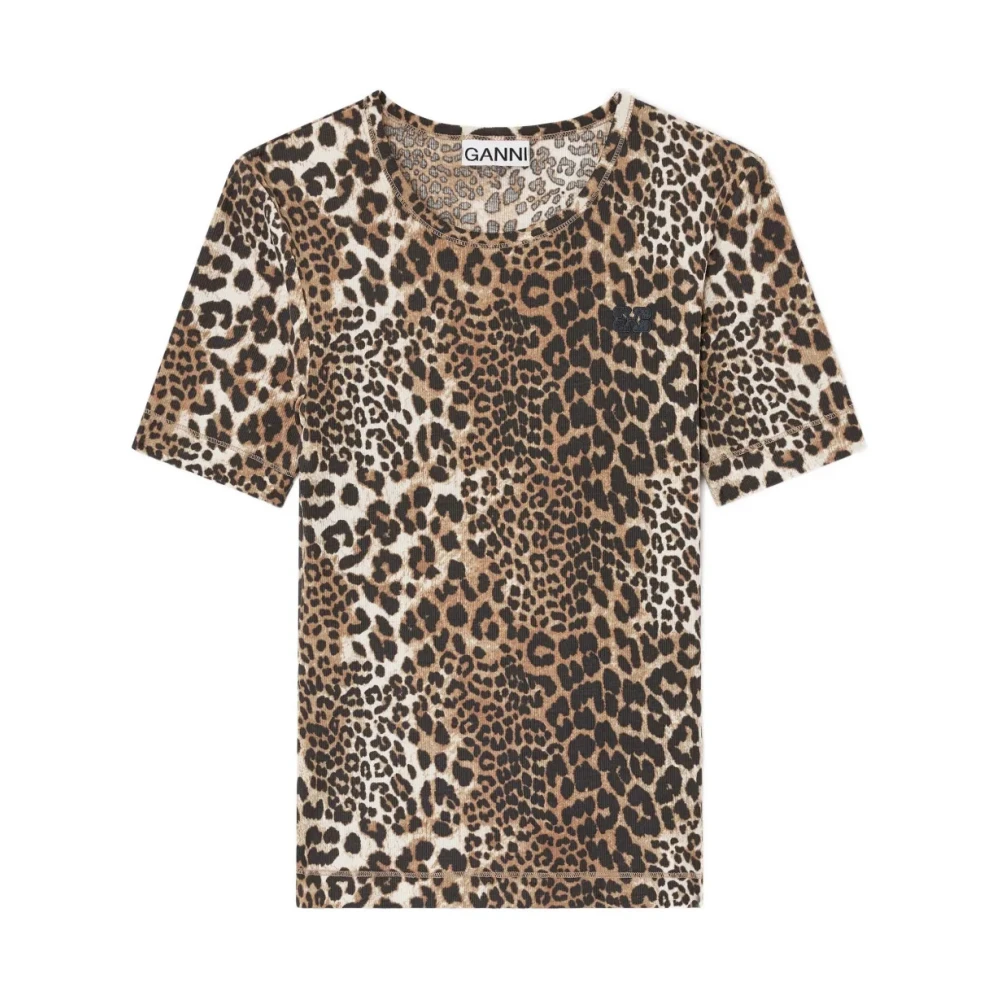 Ganni Women's Brown T-Shirts, Xs, Leopard Print T-Shirt