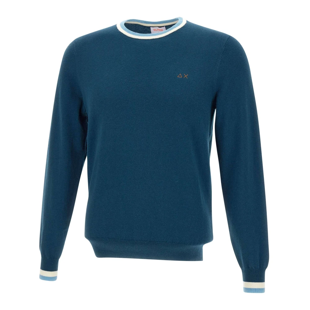 Sun68 Men's Blue Wool And Cotton Striped Jumper - Round-Neck Knitwear - M - Knitwear