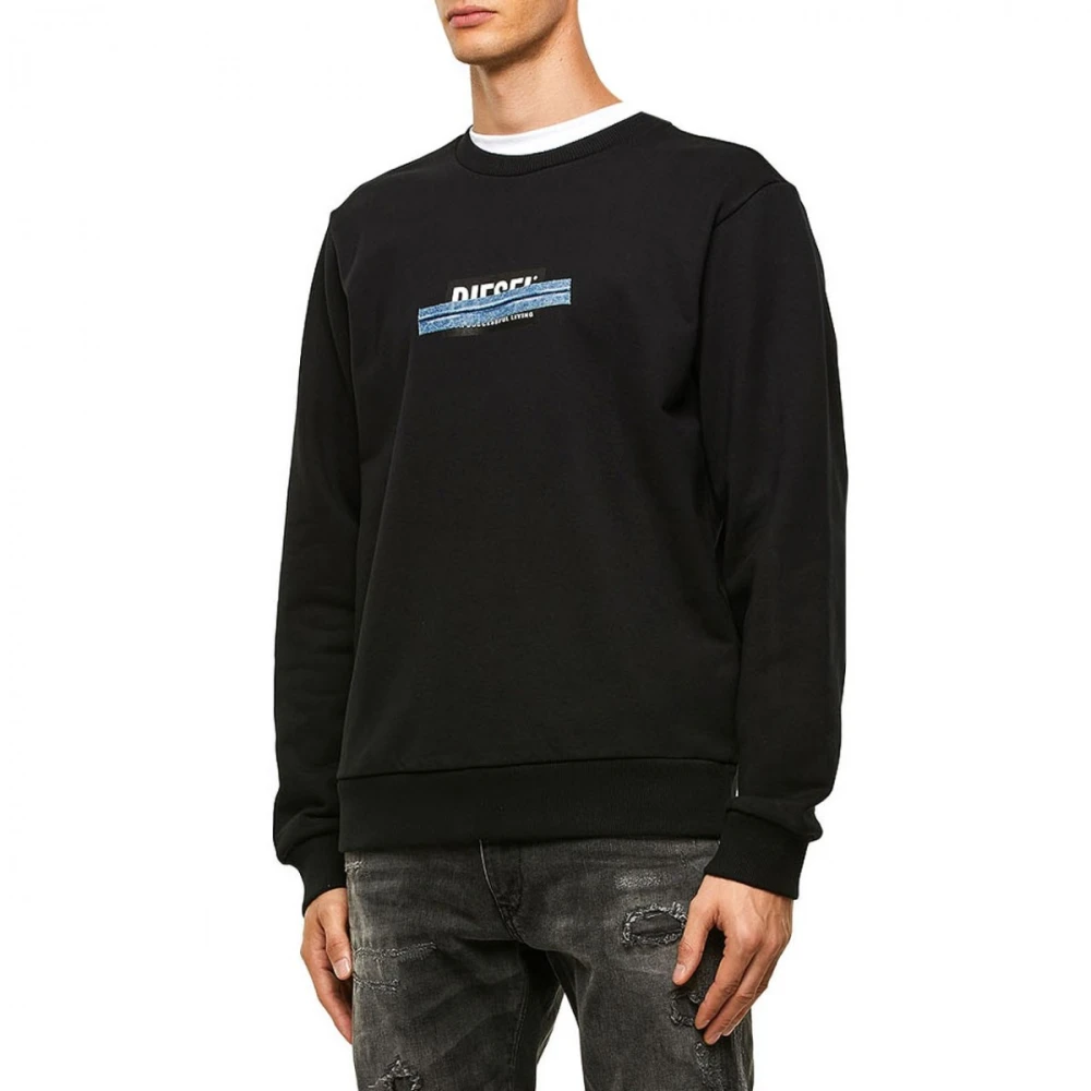 Diesel Logo Print Geribbelde Katoenen Sweatshirt Black Heren
