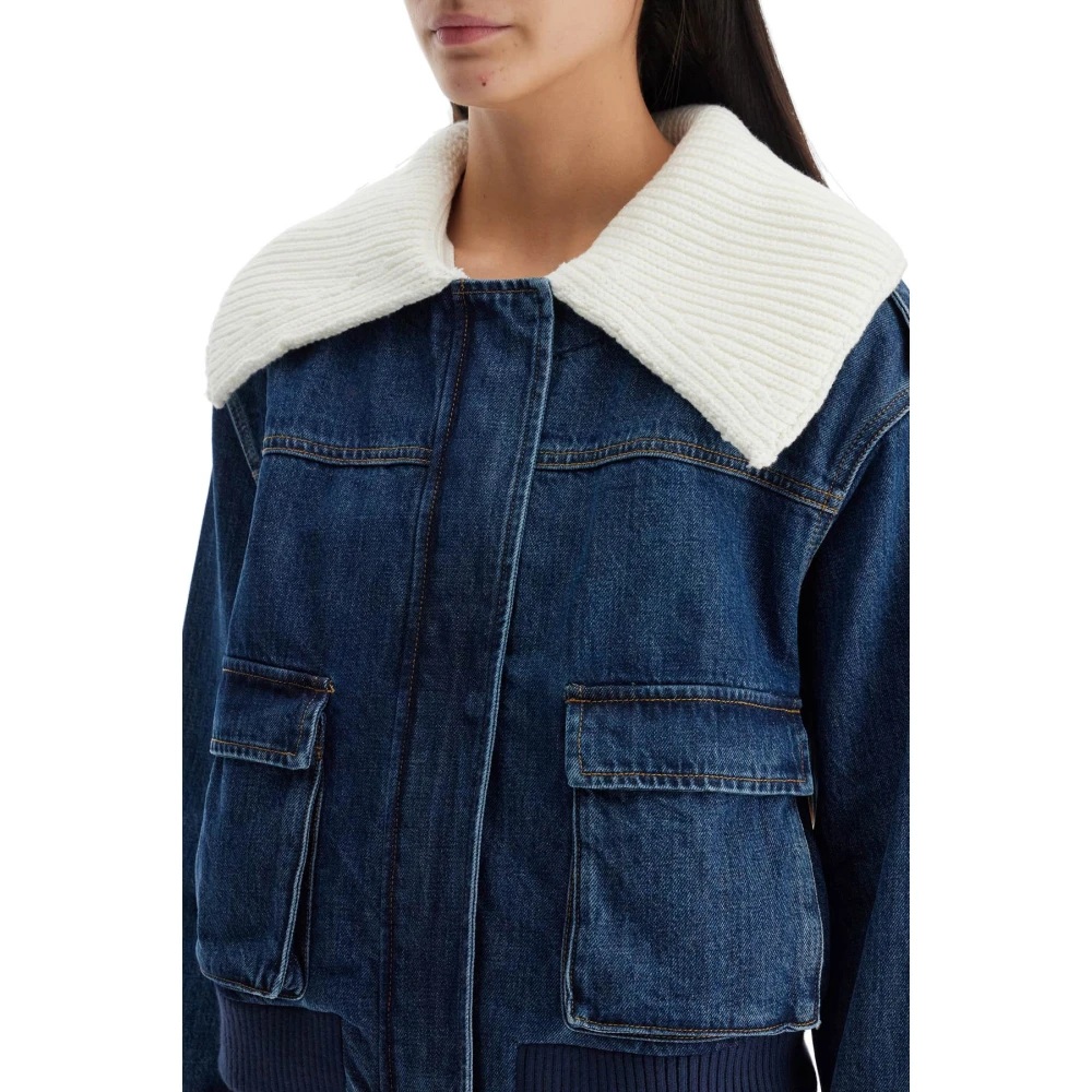 Self Portrait Denim Bomberjack met Geribbelde Kraag Blue Dames