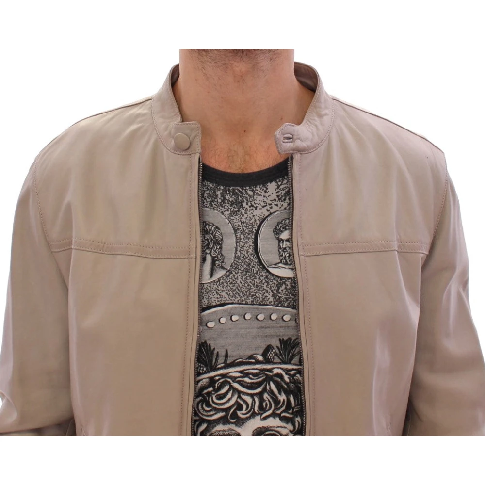Dolce & Gabbana Elegante Beige Leren Lamsvacht Jas Beige Heren