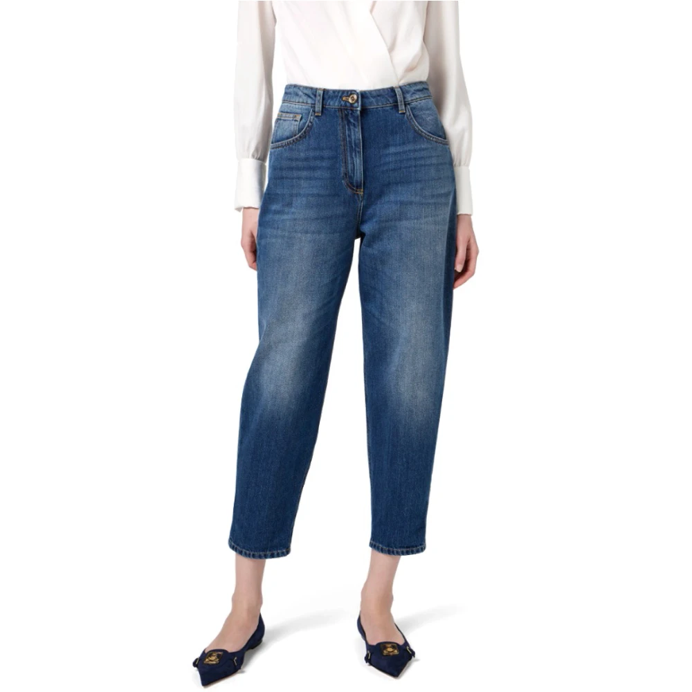 Elisabetta Franchi Hoge taille boyfriend jeans met omslag Blue Dames