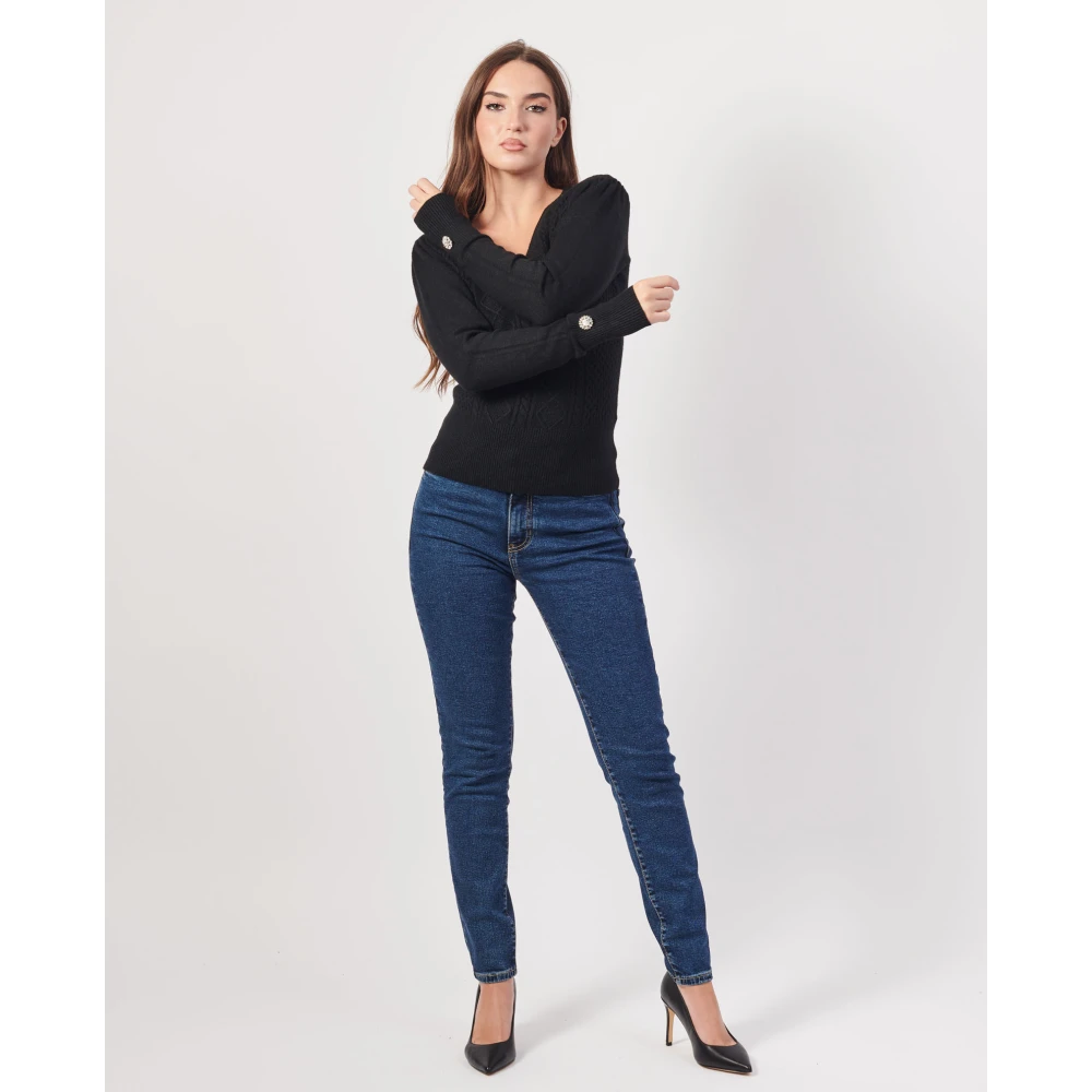 Fracomina Zwarte V-hals trui met geborduurde voorkant Black Dames