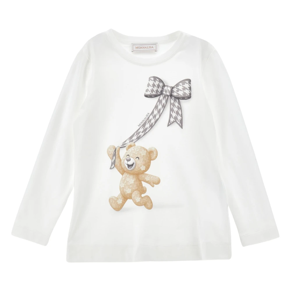 Monnalisa , Kids Short Sleeve T-Shirts, Unisex, White, 5 Y, Girls Teddy Bear And Bow T-Shirt In Ivory