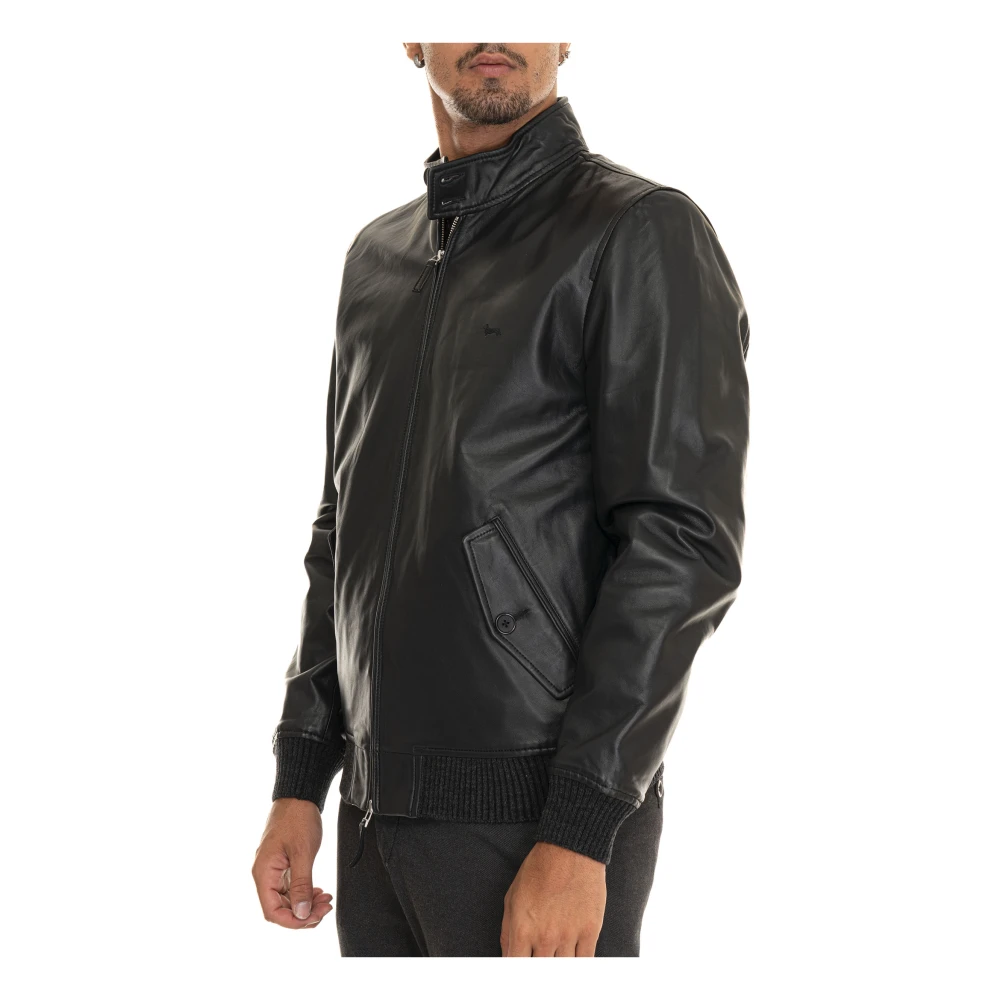 Harmont & Blaine Leren Harrington Jack met Gebreide Boorden Black Heren