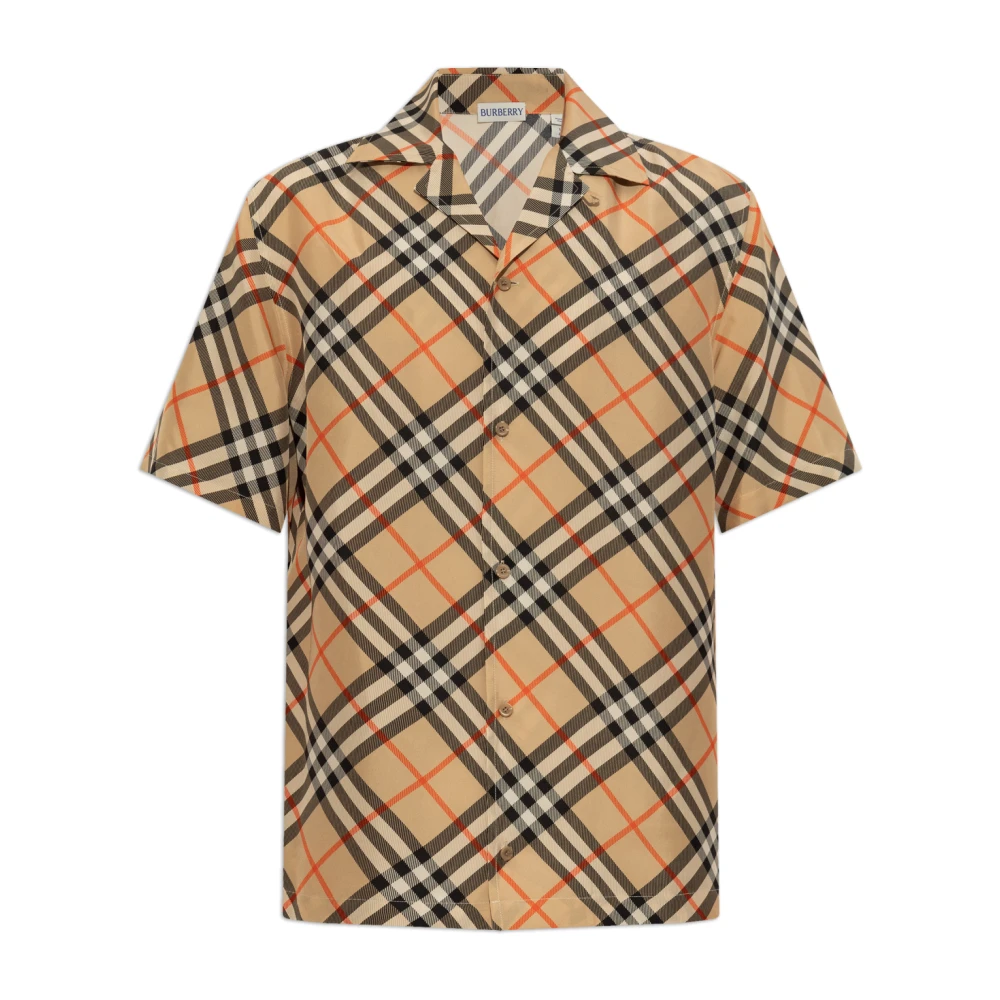 Burberry Beige Geruit Motief Zijden Bowling Shirt Beige Heren
