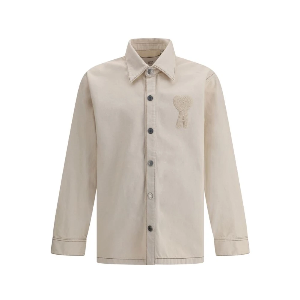 Ami Paris Men's Beige Embossed Logo Denim Shirt Jacket