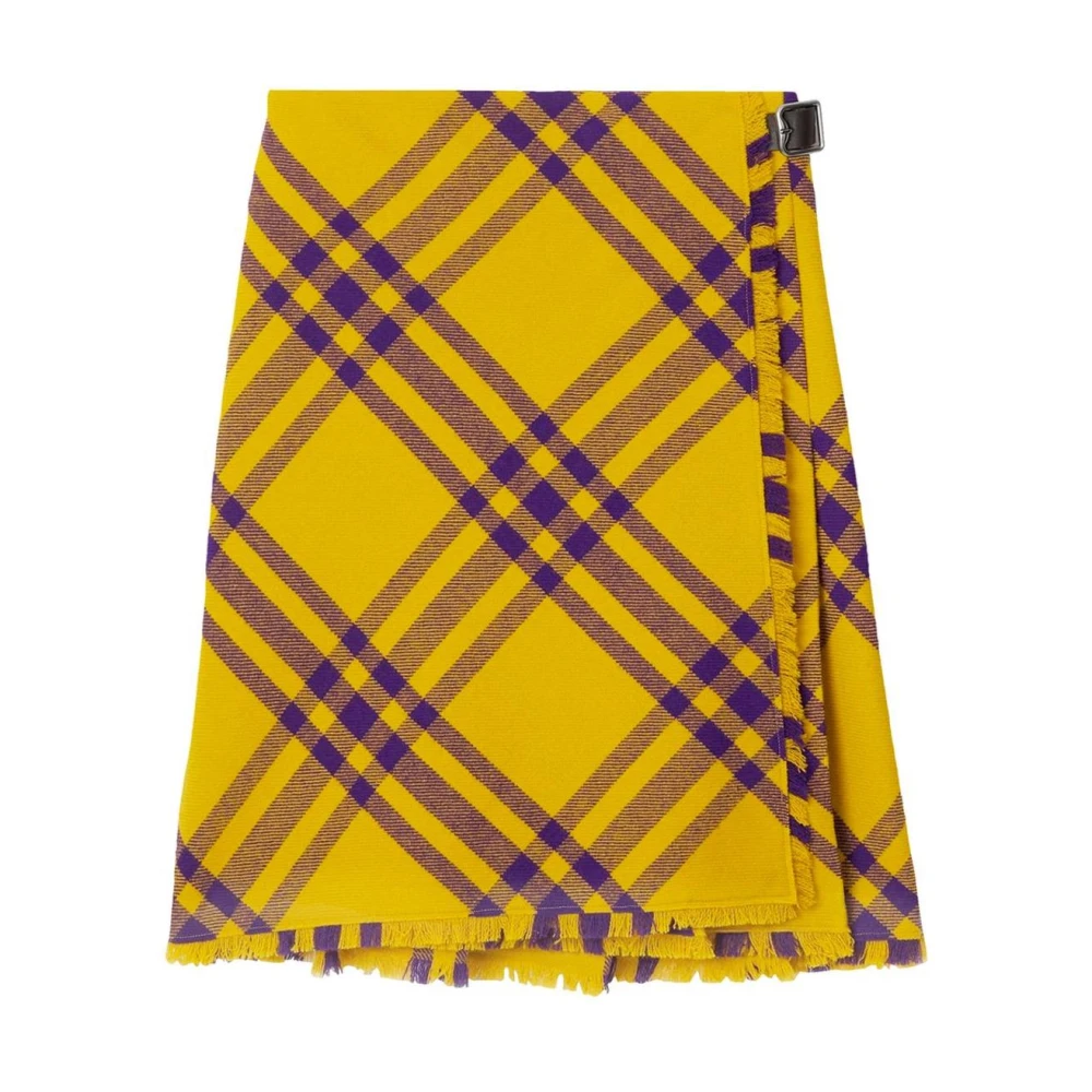 Burberry Women's Yellow Short Skirts, 2XS, Tartan Plaid Wrap Skirt With Fringed Hem