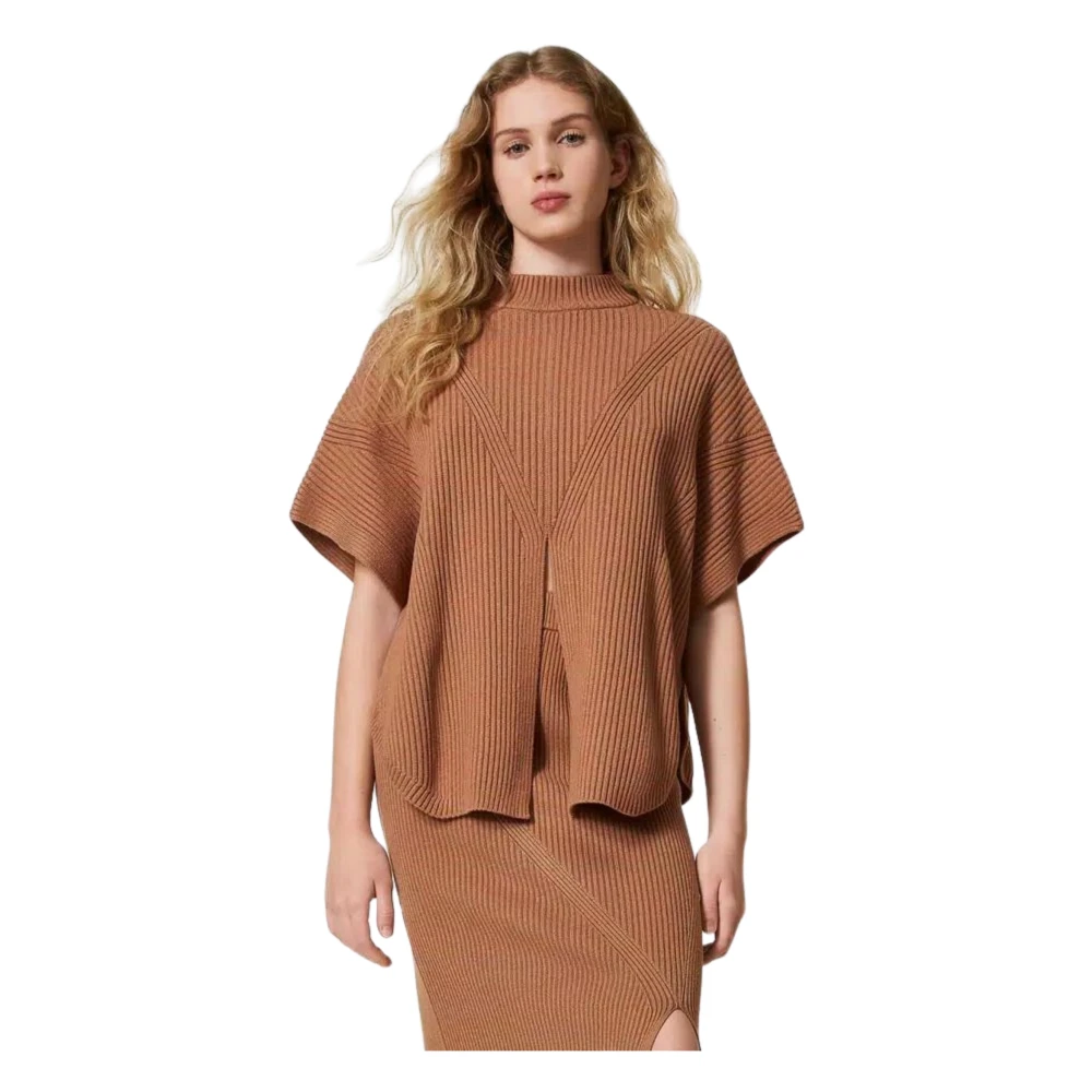 Twinset Gebreide Poncho Stijl Jas Brown Dames