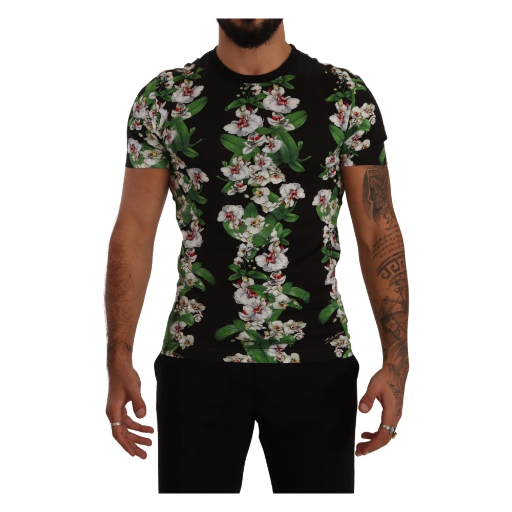 Dolce & Gabbana Men's Black T-Shirts, Xs, Floral Print Crewneck T-Shirt