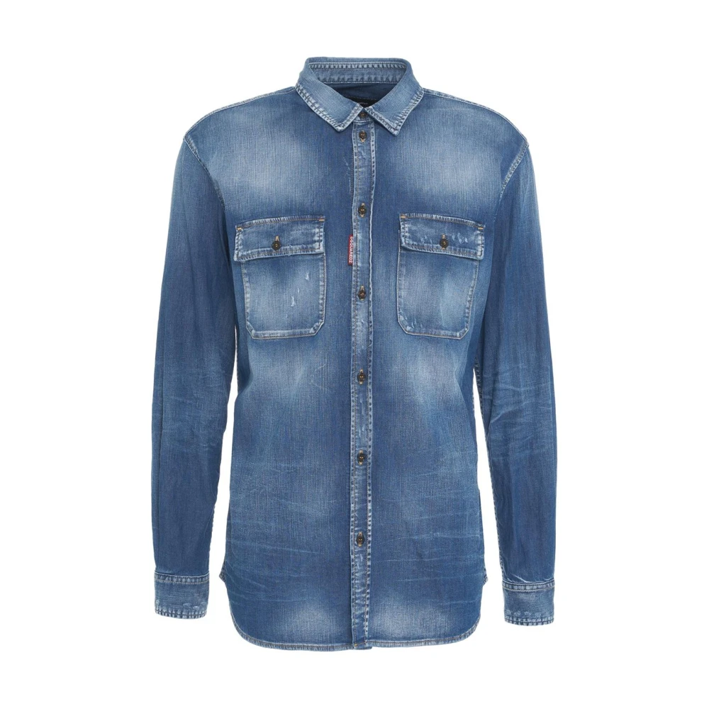 Dsquared2 Blauwe Denim Overhemd Casual Distressed Look Blue Heren