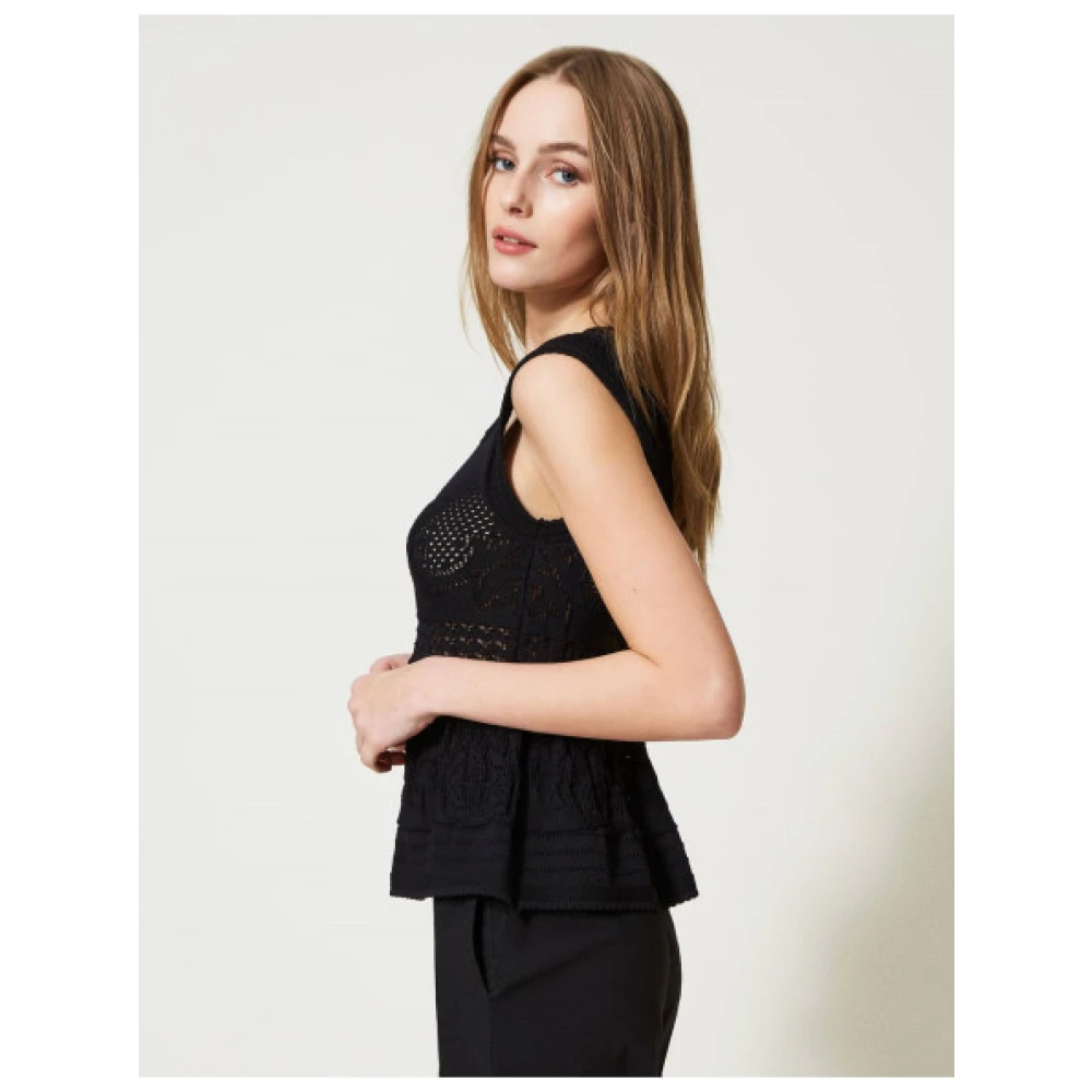 Twinset Uitlopende Gebreide Top met Bloemendesign Black Dames