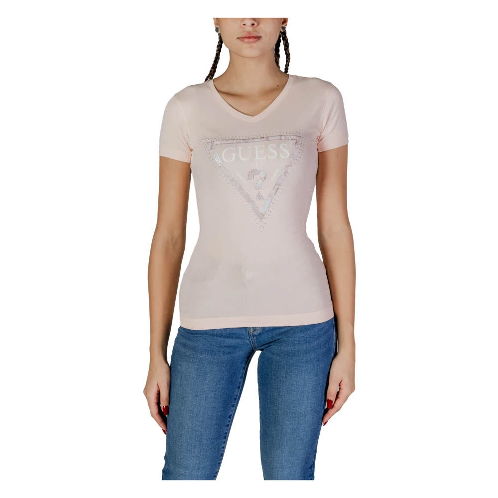 Guess Rhinestone Logo V-Neck T-Shirt Pink, Dam