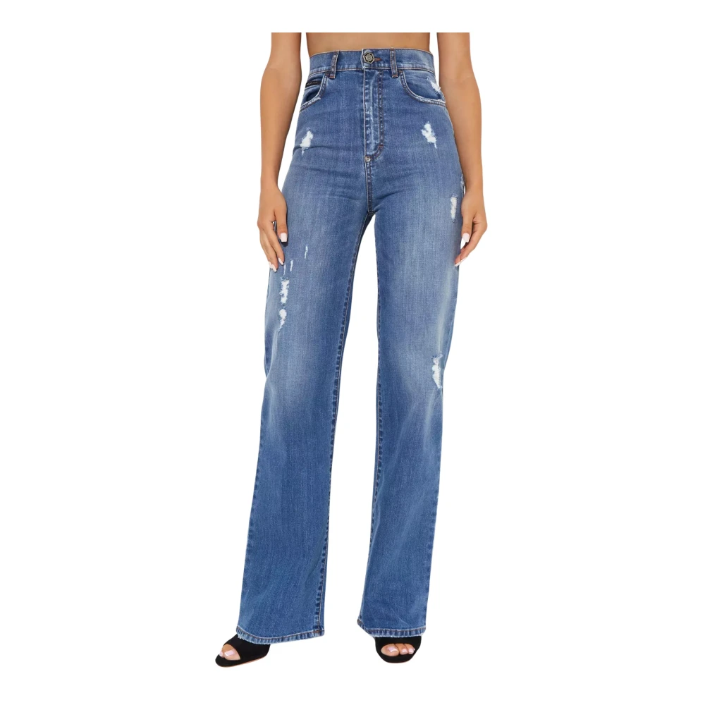 Philipp Plein Hoge blauwe jeans met versieringen Blue Dames
