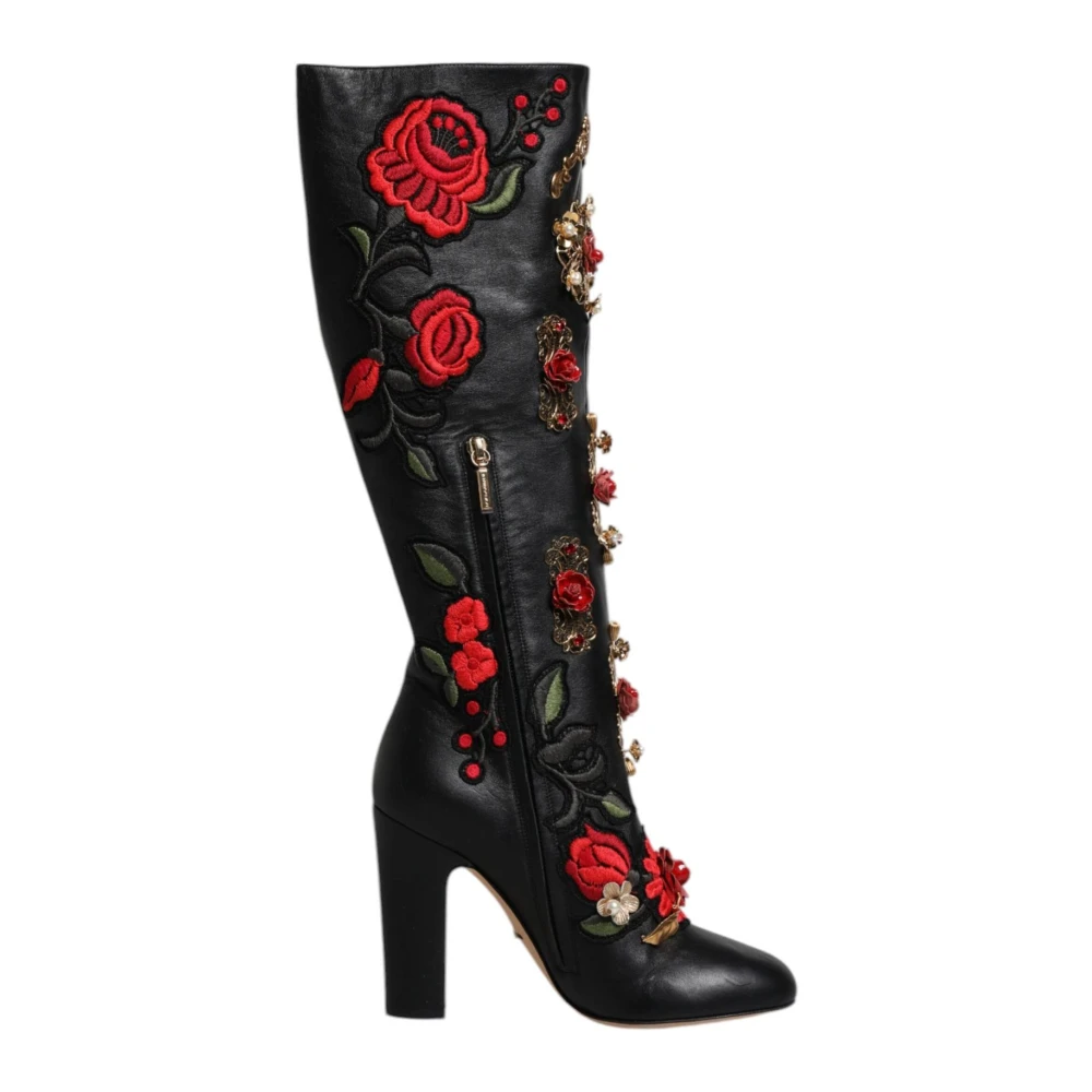 Dolce & Gabbana Svarta Blommor Prydda Knähöga Stövlar Multicolor, Dam