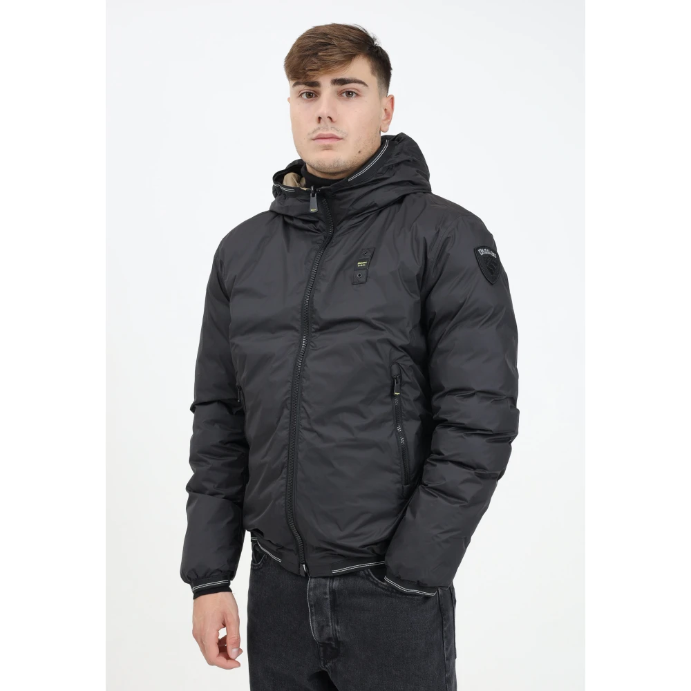 Blauer Omkeerbare Zwarte Gewatteerde Jas Horizontale Stiksels Black Heren