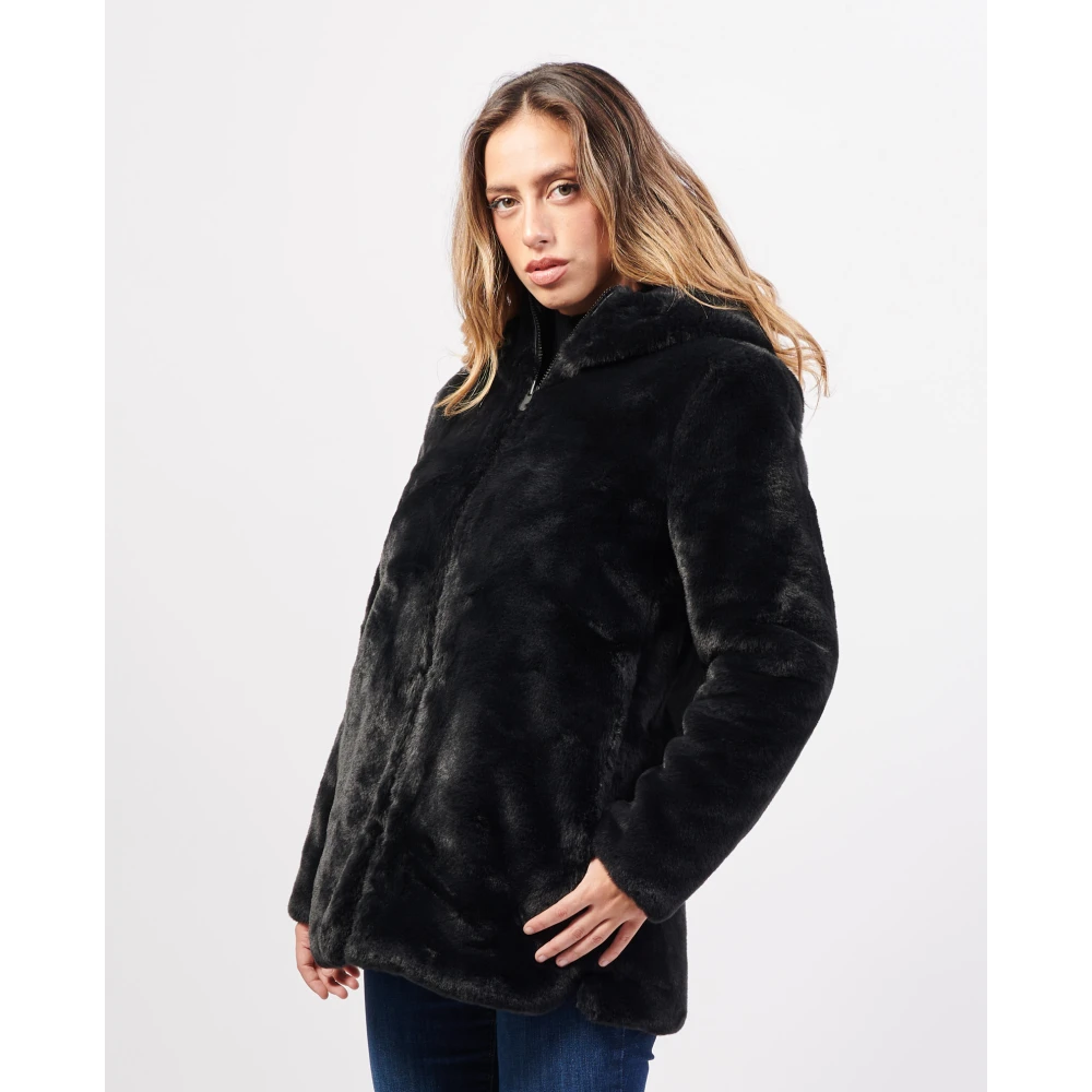 Save The Duck Omkeerbare Lange Jas met Nepbont Black Dames