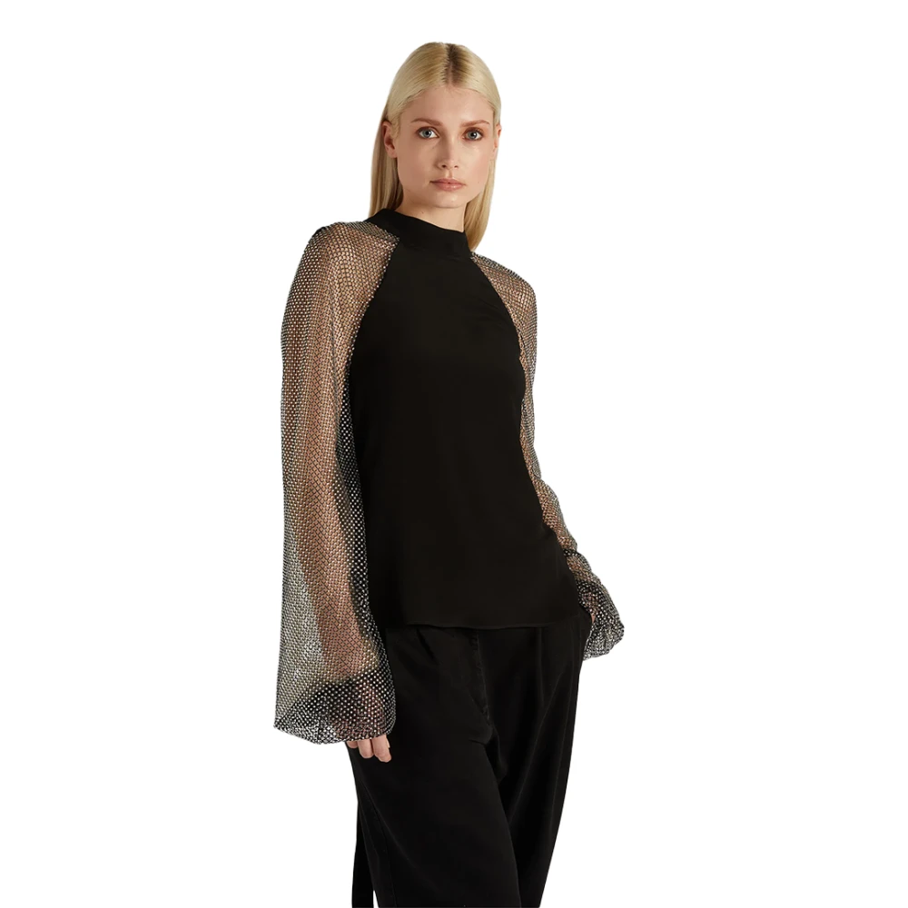Genny Elegante top met wijde mouwen van mesh met strass Black Dames