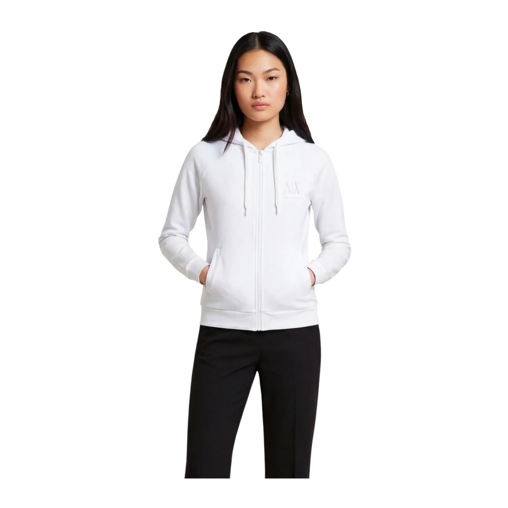 Armani Exchange Women's White Zip-Throughs, S, Zip-Up Hooded Sweatshirt With Front Pockets