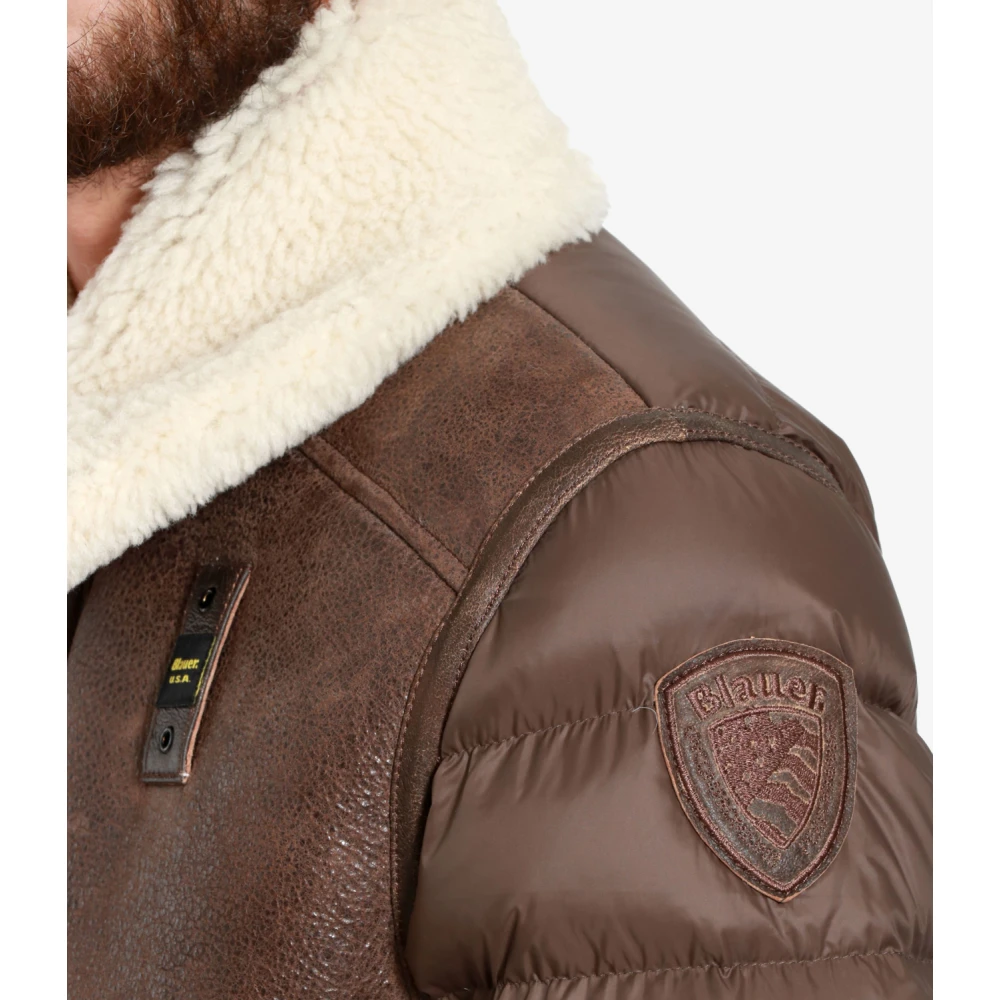 Blauer Bruine Leren Jas met Kraag en Rits Brown Heren
